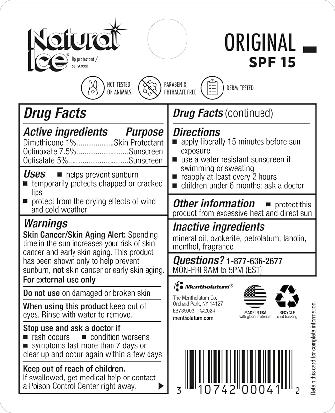 Mentholatum Natural Ice Lip Balm Original SPF 15 1 Each ( Packs of 48), 0.16 Ounce (Pack of 48)-VivaGrace Women