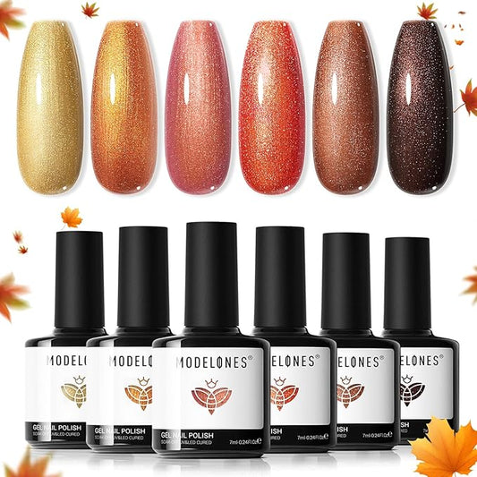 modelones Chameleon Gel Nail Polish Set, 6 Colors Fall Gel Polish Kit Glitter Shimmer Brown Orange Yellow Soak Off LED Nail Lamp Home Gift DIY Salon For Women Girl-VivaGrace Women