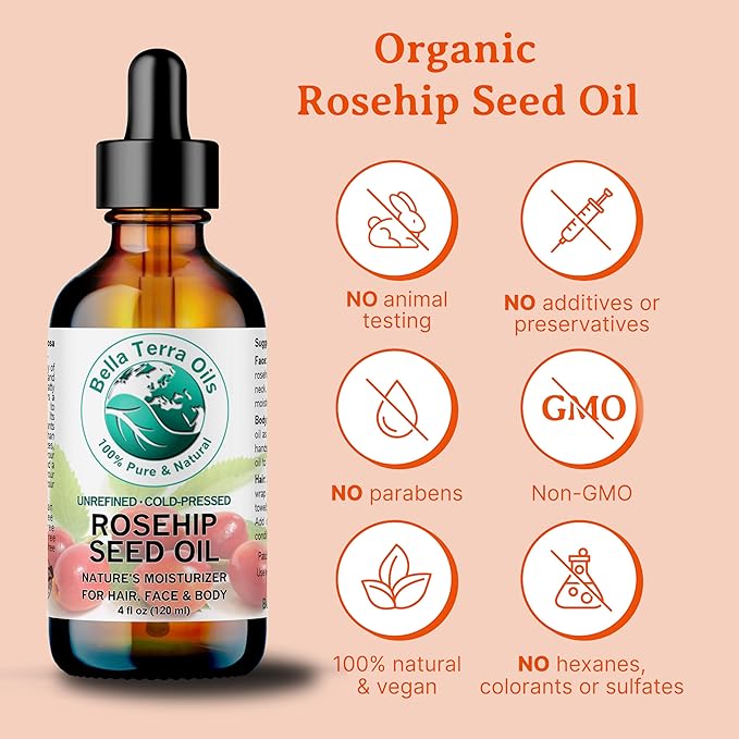 Bella Terra Oils - Organic Rosehip Oil 4 oz - Hailing from The Finest Rosa Mosqueta, Abundant in Omega-6 & Omega-3 Fatty Acids, Pure Radiance for Face-VivaGrace Women
