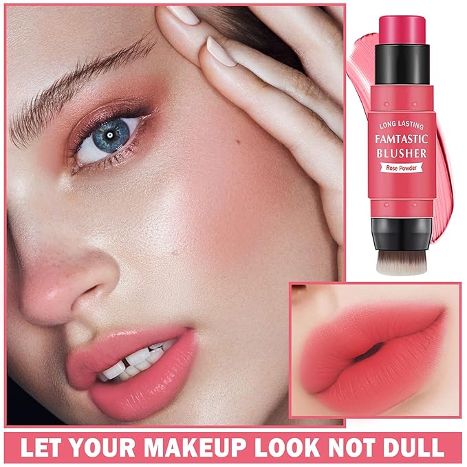 Cream Blush Stick with Brush, Waterproof, Long Lasting, Natural Finish, Rose Red - Compact Stick for All Skin Tones-VivaGrace Women