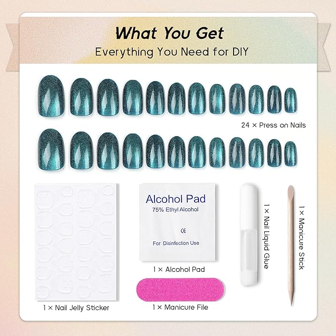 Press on Nails Oval - Emerald Green Velvet Fake Nails Short Round Glossy Acrylic Full Cover Glue on Nails in 12 Sizes - 24 Piece Nail Kit，Natural Fit for Women & Girls Daily Wear