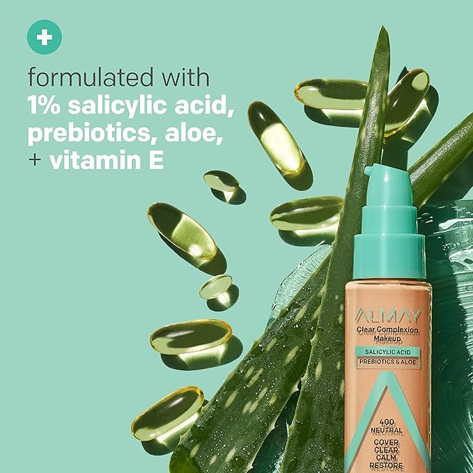 Almay Clear Complexion Acne Foundation Makeup with Salicylic Acid - Lightweight, Medium Coverage, Hypoallergenic, -Fragrance Free, for Sensitive Skin , 700 True Beige, 1 fl oz.-VivaGrace Women