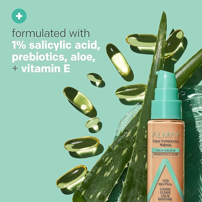 Almay Clear Complexion Acne Foundation Makeup with Salicylic Acid - Lightweight, Medium Coverage, Hypoallergenic, Fragrance-Free, for Sensitive Skin, 910 Mocha, 1 fl oz.-VivaGrace Women