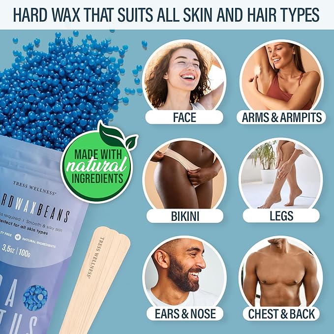Tress Wellness Waxing Kit for Sensitive Skin – Safe for Face & Skin, Prep & Aftercare Spray, Easy to Use – At-Home Kit for Face, Bikini, Brazilian & Full Body - Digital Display, Blue Water-VivaGrace Women