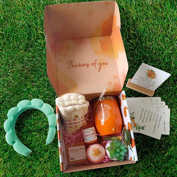 Orange-Themed Spa Gift Basket for Women - Self-Care Package, Birthday Box with Handmade Soap, Candle, Bath Bomb, Headband, and Towel-VivaGrace Women