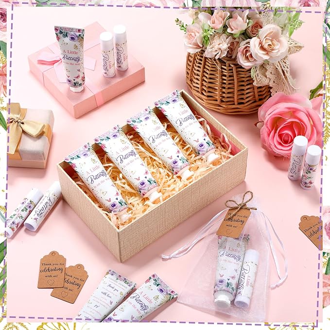 50 Sets 200 Pcs Baby Shower Hand Lotion and Lip Balm Gift Theme Baby Shower Party Favors Travel Size Hand Lotion and Lip Balm Bulk with Organza Bags Tags(Butterfly)-VivaGrace Women