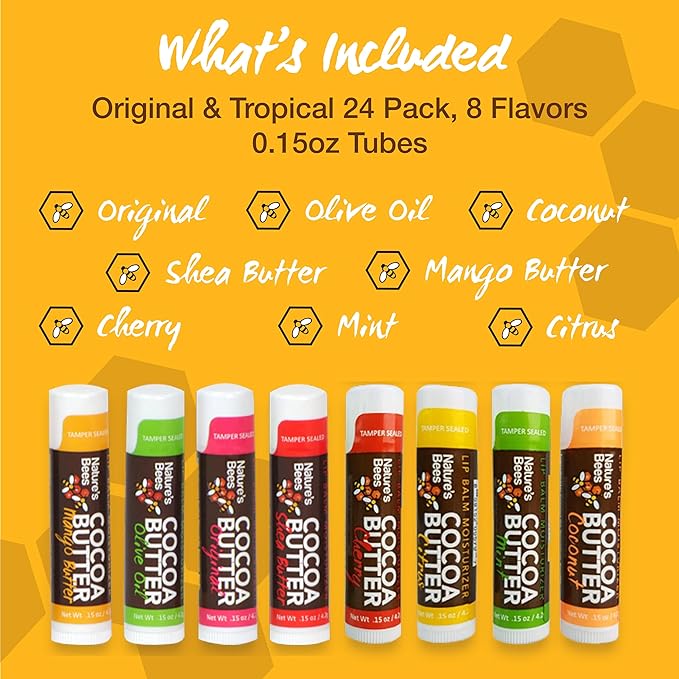 Nature's Bees 24 Pack Lip Balm, Natural Ingredient Lip Balm Bulk, Lip Care Product, Lip Balm for Dry Cracked, Lips, Made in the USA, 8 Flavors, 0.15oz (4.2 g)-VivaGrace Women