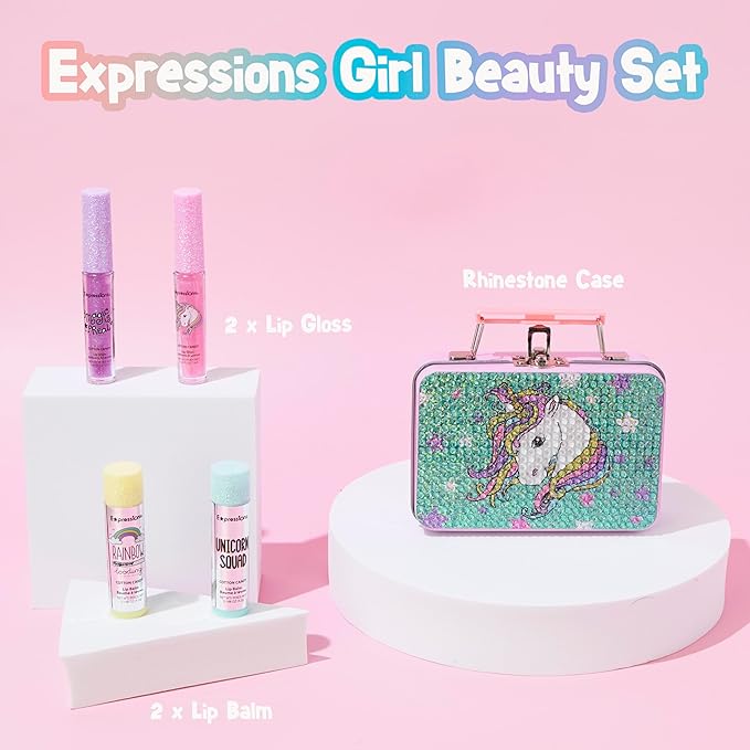 Expressions 5pc Cosmetics Lip Kit For Kids w/Lip Glosses, Lip Balms & Tin Box Storage Case I Believe in Unicorns Rhinestone,Washable + Non Toxic-VivaGrace Women