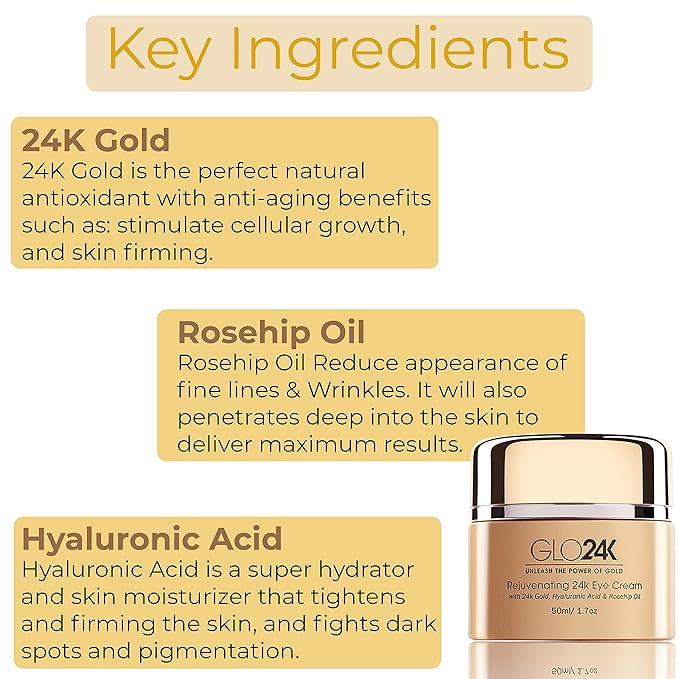 GLO24K Eye Cream with 24k Gold, Hyaluronic Acid, Rosehip Oil, and Vitamins. Minimizes wrinkles and fine-lines around the eyes-VivaGrace Women