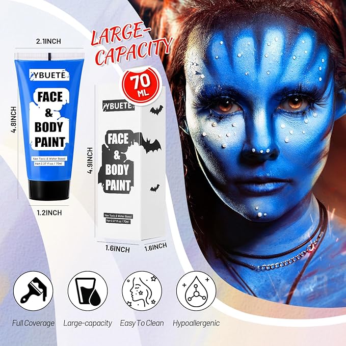 Blue Water Based Face Body Paint, 2.37 OZ Large Tube Full Coverage Face Paint for Avatar Smurfs Mermaid Cosplay Makeup, Washable Royal Blue Body Painting Cream for Adult Halloween SFX Makeup-VivaGrace Women