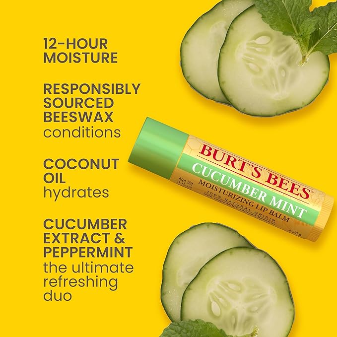 Burt's Bees Lip Balm - Original Beeswax, Cucumber Mint, Watermelon & Sweet Mandarin, With Responsibly Sourced Beeswax, Tint-Free, Natural Origin Treatment, 4 Tubes, 0.15 oz.-VivaGrace Women