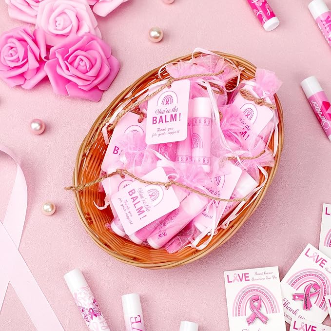 100 Set Pink Ribbon Breast Cancer Awareness Gifts Bulk, 100 Lip Balms, 100 Organza Gift Bags and 100 Tags Perfect for Charity Events, Survivors Awareness Campaigns-VivaGrace Women