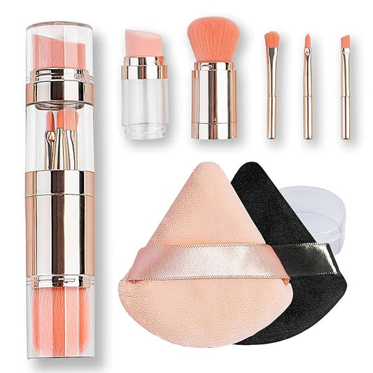 kullder Travel Makeup Brush 5 in 1 Makeup Brush set Blend Sponge Eyebrow Eyeshadow & Blush Brushes for Foundation Concealer Double Ended Makeup Brush with Powder Puff Ideal Womens Gifts-VivaGrace Women