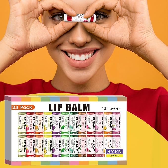 AZEN 24 Pack Lip Balm Stocking, Natural Lip Balm Bulk, Moisturizing Lip Balm for Dry Lips-VivaGrace Women