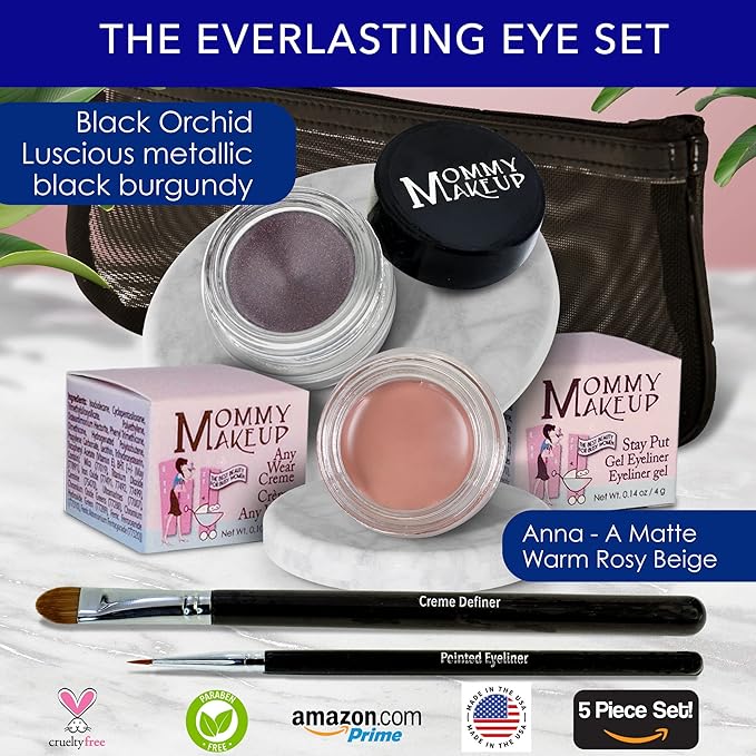 The Everlasting Eye 5 Piece Waterproof Makeup Set. Gel Eyeliner, Creme Eyeshadow, 2 brushes and Mesh Bag. Paraben-free, Talc-free, Cruelty-free. Anna/Black Orchid 1208-VivaGrace Women