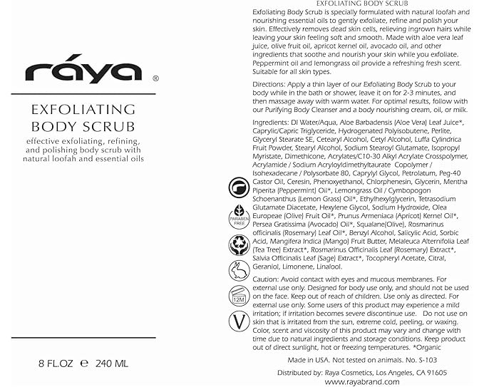 RAYA Exfoliating Body Scrub 8 oz (S-103) | Exfoliating, Refining, and Polishing Body Scrub | Made with Natural Loofah and Essential Oils | Relieves Ingrown Hairs-VivaGrace Women