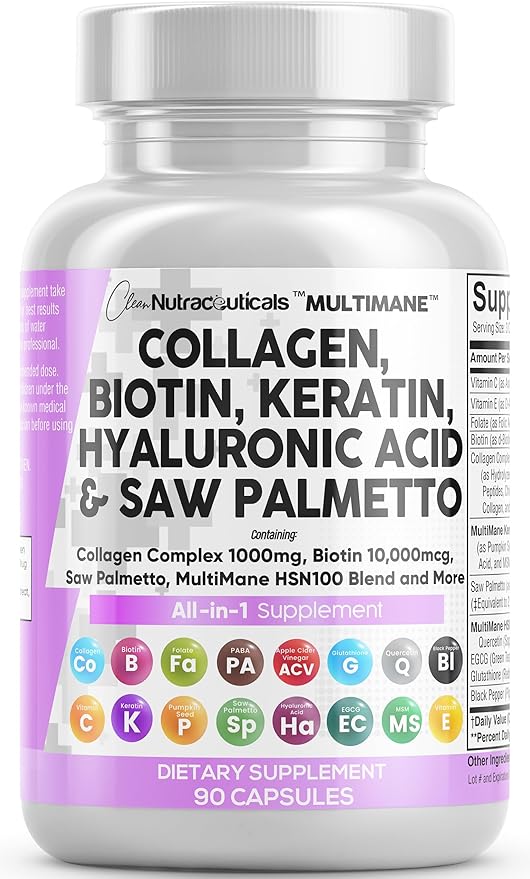 Clean Nutraceuticals Collagen Pills 1000mg Biotin 10000mcg Keratin Saw Palmetto Hyaluronic Acid - Hair Skin & Nails Vitamins & DHT Blocker with Vitamin E Folic Acid Pumpkin Seed MSM - 90 Count-VivaGrace Women