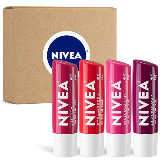 NIVEA Lip Care, Fruity Tinted Lip Balm Variety Pack, Includes Cherry, Strawberry, Blackberry and Watermelon Scents, 0.17 Oz, Pack of 4-VivaGrace Women
