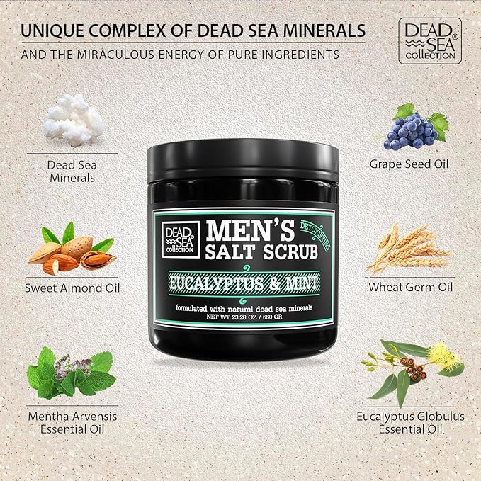 Salt Body Scrub Eucalyptus & Mint For Men– Moisturizes, Exfoliates & Nourishes Skin – Cleanses & Detoxifies with Dead Sea Minerals – Dead Sea Collection - 23.28 OZ-VivaGrace Women