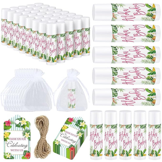 Demissle 50 Pcs Baby Shower Lip Balm Gift Set with 100 Pcs Organza Bags Baby Shower Party Favor for Guest Thank You Tag Rope Baby Shower Party Decoration Gender Reveal Souvenirs (Tropical)-VivaGrace Women