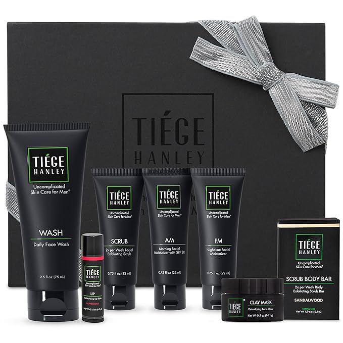 Tiege Hanley Mens Skin Care Gift Box Set, Silver - Men's Skincare Set Includes Face Wash, AM & PM Facial Moisturizer, Face Clay Mask & Scrub, Body Scrub Bar, & Moisturizing Lip Balm-VivaGrace Women