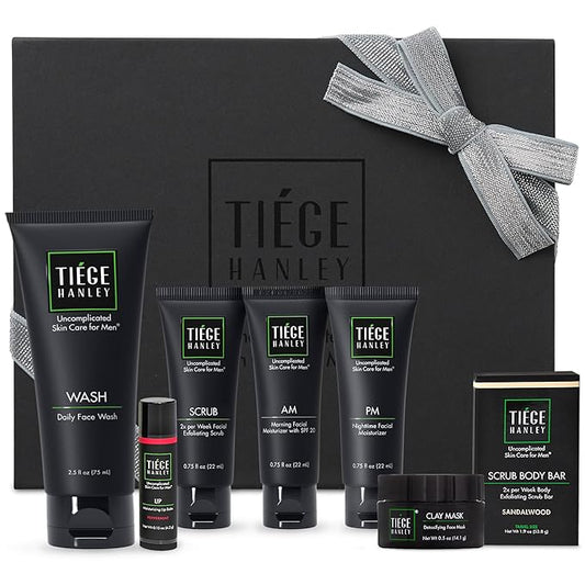 Tiege Hanley Mens Skin Care Gift Box Set, Silver - Men's Skincare Set Includes Face Wash, AM & PM Facial Moisturizer, Face Clay Mask & Scrub, Body Scrub Bar, & Moisturizing Lip Balm-VivaGrace Women