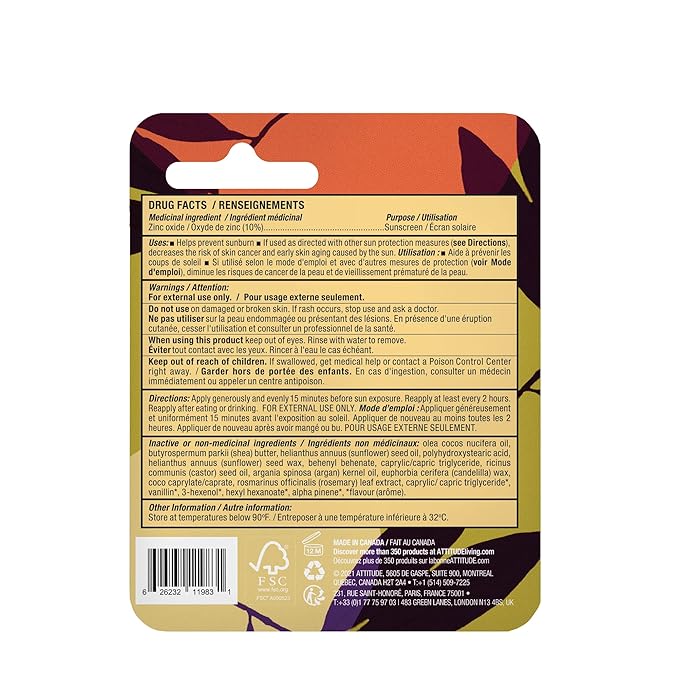 ATTITUDE Plastic-free Lip Balm with Sun Protection SPF 15, EWG Verified, Plant- and Mineral-Based Ingredients, Vegan and Cruelty-free, Mango, 0.3 Oz (Pack of 3)-VivaGrace Women