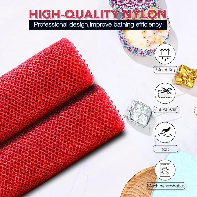 UJFQBH 2 Pieces African Bath Sponge African Net Long Net Bath Sponge Exfoliating Shower Body Scrubber Back Scrubber Skin Smoother,Great for Daily Use (Red)-VivaGrace Women