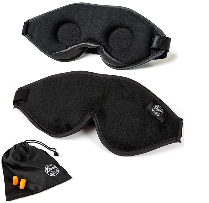 Dream Essentials - Escape 3D Sleep Mask, Earplugs and Carry Pouch Set, Molded Eye Shade for Men and Women, Contoured, Nose Bridge, Light Block, Memory Foam, Gift Set, Travel, Yoga, Blindfold - Black-VivaGrace Women