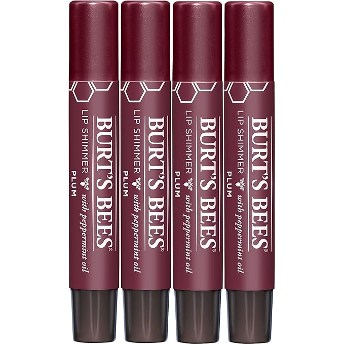 Burt's Bees Shimmer Lip Tint Set, Tinted Lip Balm Stick, Moisturizing for All Day Hydration with Natural Origin Glowy Pigmented Finish & Buildable Color, Plum (4-Pack)-VivaGrace Women