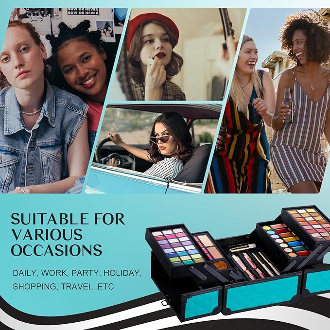 Color Nymph All In One Makeup Kit Comestics Gifts for Girls Teens, Travel Makeup Set 4 Trays Train Case for Beginner Includes Eyeshadow Highlighter Lipgloss Blush Concealer Brush Eyeliner Lipbalm-VivaGrace Women