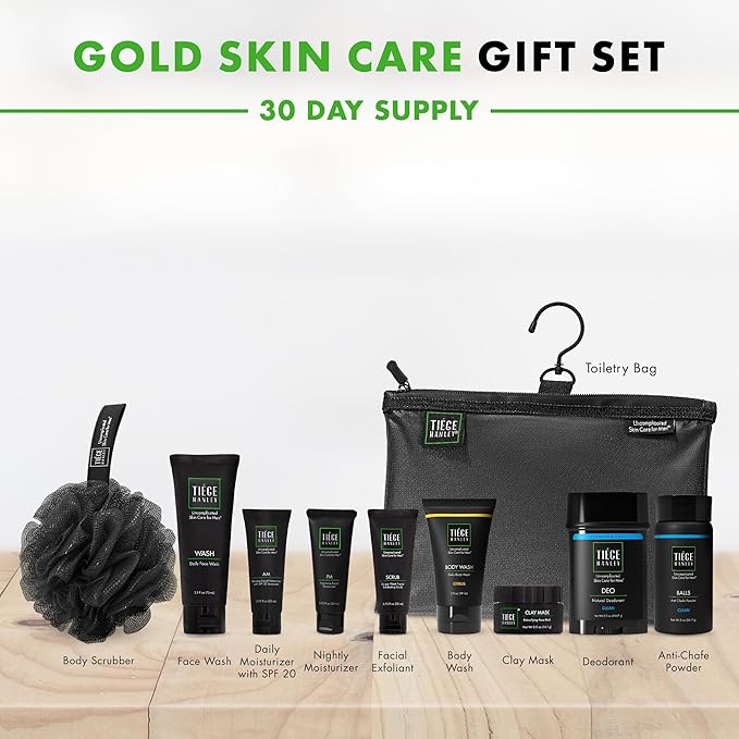 Tiege Hanley Mens Skin Care Gift Box Set, Gold - Men's Skincare Set with Face Wash, AM & PM Moisturizer, Scrub, Clay Mask, Body Wash, Deodorant, Anti Chafe Powder, Scrubber & Dopp Kit-VivaGrace Women