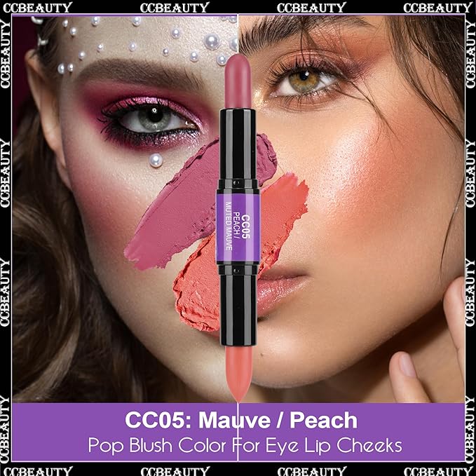 CCbeauty 2-in-1 Blush Stick for Cheeks - Cream 2 Colors Dual Blushing Makeup Stick for Cheeks, Eyes & Lips, Natural Blendable Moisturizing Long-Lasting Smooth Blushes,Peach & Muted Mauve-VivaGrace Women