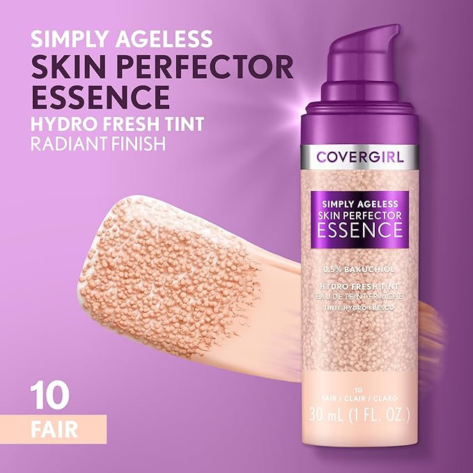Covergirl Simply Ageless Skin Perfector Essence Foundation, 10 Fair, Tinted Skin Perfector, Skincare Makeup Hybrid, Sheer Tint, Radiant Finish, Skin-Like Finish, Vegan Formula, 1.0oz-VivaGrace Women