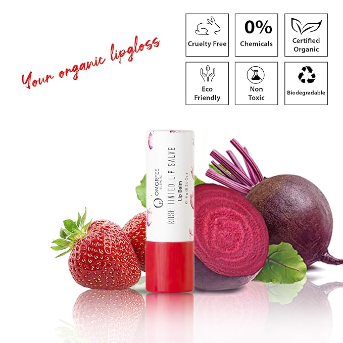 Omorfee 100% Organic Tinted Lip Balm Stick Treatment, Natural Lip Tint Gloss, Long Lasting Rose Lip Tint, Strawberry Flavor, Beetroot & Cocoa Butter, Pink Red Color, Moisturizing Lip Balm - 6g/0.21Oz-VivaGrace Women