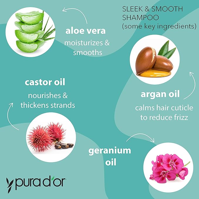 PURA D'OR Sleek & Smooth Shampoo and Conditioner Set For Frizz-Free & Silky Smooth Hair, Infused with Organic Aloe Vera, Argan Oil, Castor Oil, Bergamot Oil & Geranium Oil-VivaGrace Women