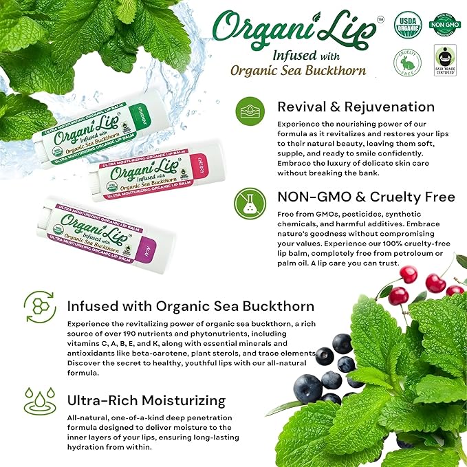 OrganiLip Organic Lip Balm, Acai Flavor, Ultra Hydrating Lip Moisturizer for Cracked or Dry Lips, Oval Shaped Tube, USDA Certified Organic, 3 Pack-VivaGrace Women