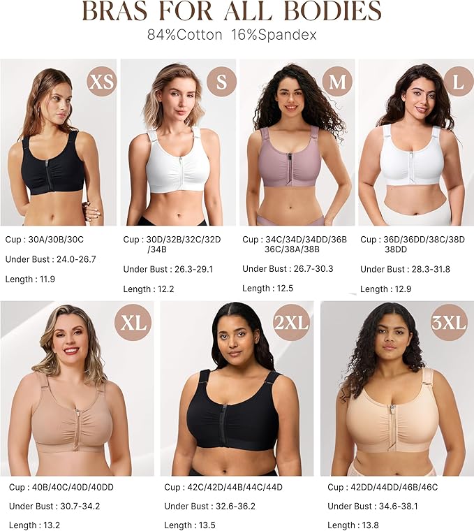 BRABIC Zip Front Closure Everyday Bra for Women Post Surgery Compression Support with Adjustable Straps Wirefree-VivaGrace Women