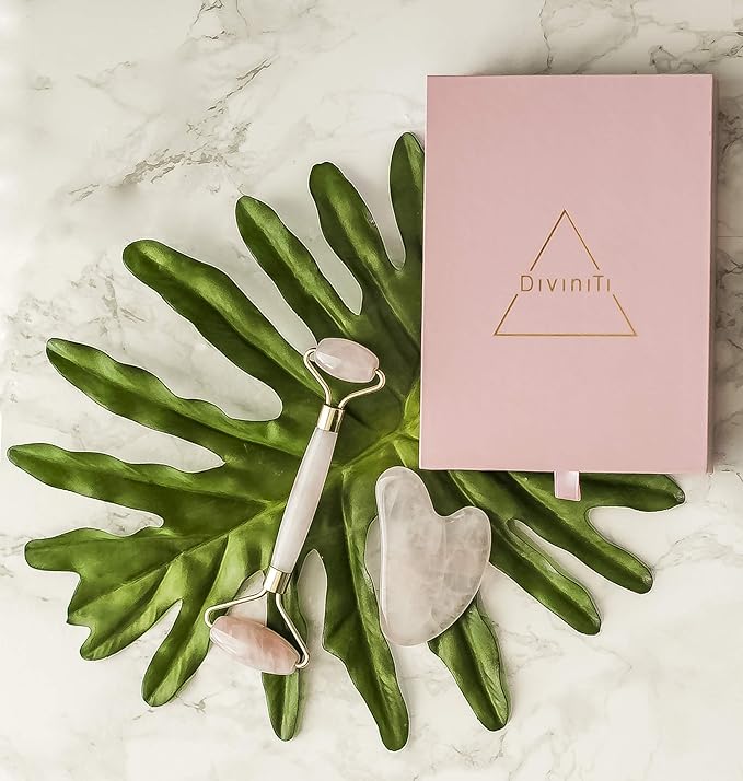 Rose Quartz Face Roller and Gua Sha Set - Face Roller Skin Care - Jade Roller and Gua Sha and Jade Roller for Face Rollers for Women Gifts - Rose Quartz Roller for Face Massage Roller DiviniTi-VivaGrace Women