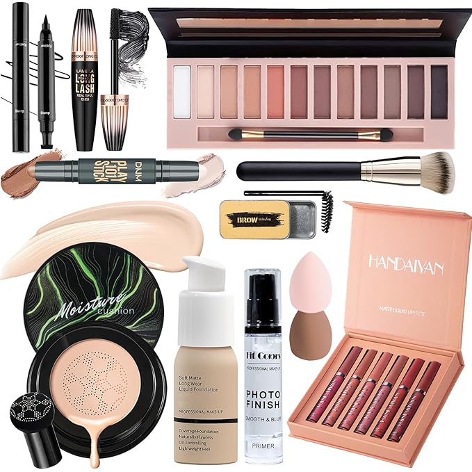Face Primer, Makeup Brush and Sponges, Eyebrow Soap and Pencil, Mascara, Winged Eyeliner Stamp, cosmetic bag，Eyebrow Soap and Pencil, Mascara, Winged Eyeliner Stamp-VivaGrace Women
