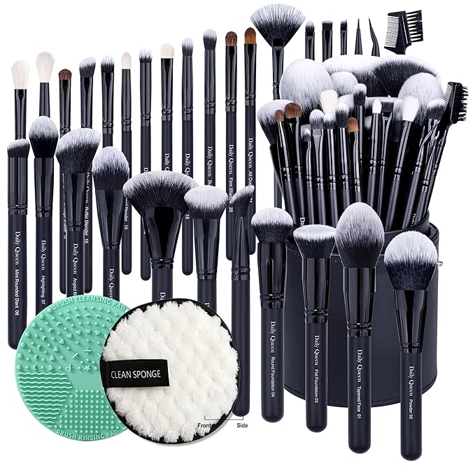 29pcs Black Professional Makeup Brush Set Kabuki Powder Concealers Eye shadows Blush Eyeliner Eyebrow Contour Eye blending Brushes (29pcs brush +barrel+brush cleaner+face cleaner)-VivaGrace Women
