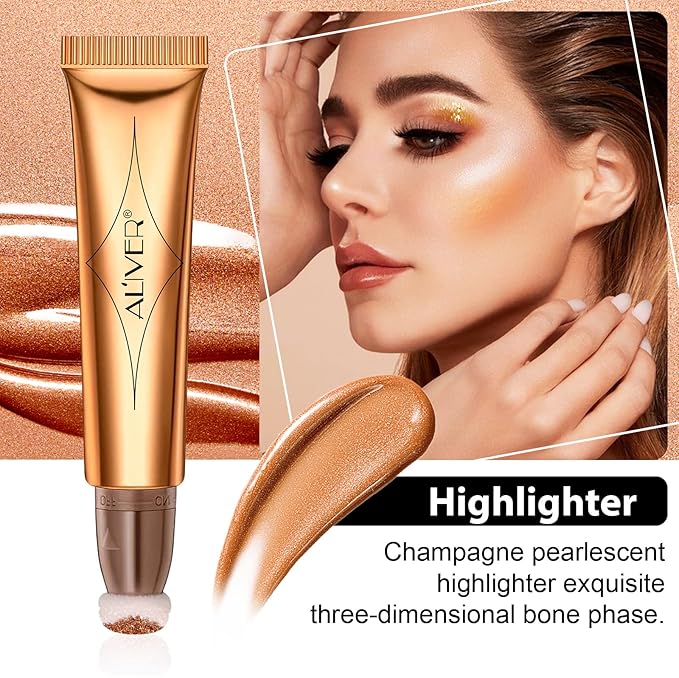 Liquid Highlighter Beauty Wand, Highlight Bronzer Stick with Cushion Applicator, Smooth Shimmer Finish, Lightweight Silky Cream Face Makeup Stick,Cruelty-free (Gold)-VivaGrace Women