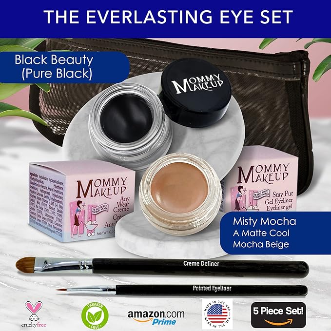 The Everlasting Eye 5 Piece Waterproof Makeup Set. Gel Eyeliner, Creme Eyeshadow, 2 brushes and Mesh Bag. Paraben-free, Talc-free, Cruelty-free. Misty Mocha/Black Beauty 1801-VivaGrace Women