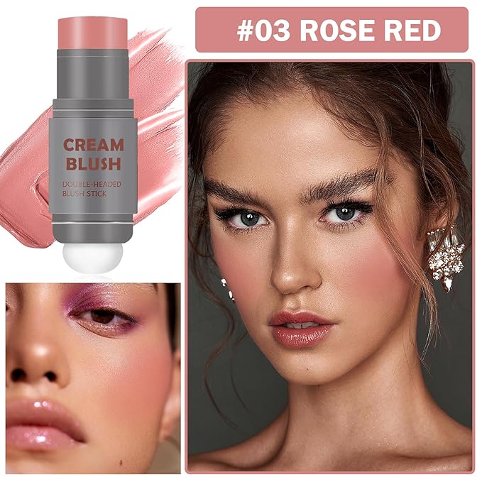 Cream Blush Stick with Sponge 3 in 1 Multi-Use Blush Makeup Stick Long Lasting Waterproof Natural Matte Cream Blush Stick for Cheeks, Lips and Eyes - Rose Red-VivaGrace Women