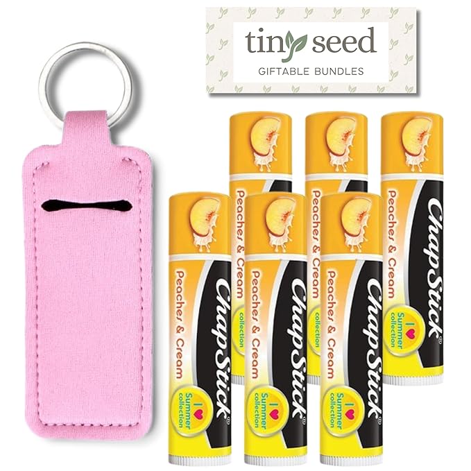 Peaches and Cream Chapstick 6-Pack. Includes Bonus Lip Balm Holder Keychain (Pink). Limited Edition Flavor from the Chapstick I Love Summer Collection, Unique Gift Bundle from Tiny Seed-VivaGrace Women