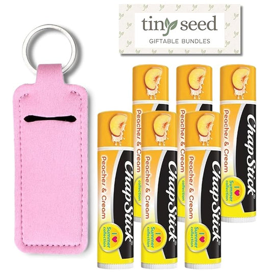 Peaches and Cream Chapstick 6-Pack. Includes Bonus Lip Balm Holder Keychain (Pink). Limited Edition Flavor from the Chapstick I Love Summer Collection, Unique Gift Bundle from Tiny Seed-VivaGrace Women