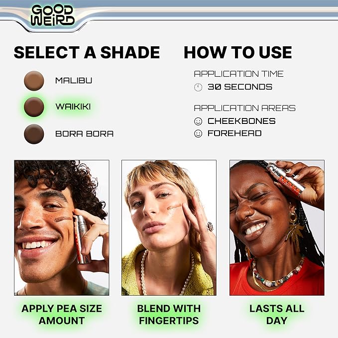 GOOD WEIRD Back From Vacay Bronzer - Vegan Liquid Face Bronzer Gel Cream for Men and Women | Natural Glow Lightweight Highlighter Makeup | Subtle Shimmer | 0.56 fl. oz. | WAIKIKI (Medium Bronze)-VivaGrace Women