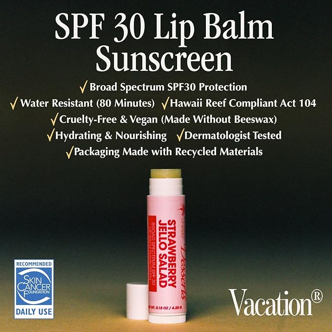 Vacation Strawberry Jello Salad SPF 30 Sunscreen Lip Balm 3-Pack, Lip Balm Made Without Beeswax, Lip Balm with Sunscreen, Lip Balm SPF Set, Lip Sunscreen, Water Resistant, Vegan (Pack of 3)-VivaGrace Women