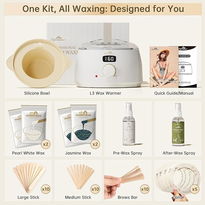 Lifestance Waxing Kit for Women & Men - L3 Digital Warmer, Silicone Wax Pot Liner, Hair Removal Kit with 4 Hard Wax Beads (14.1oz) & 45 Accessories, Professional for Brazilian, Bikini, Face, Leg, Body-VivaGrace Women
