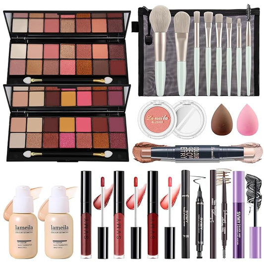 Makeup Present Set for Teen Girl Women, Travel Makeup Kit, Makeup Full Kit for Beginner, Makeup Bundle Include 2 Matte & Shimmer Eyeshadow Palettes, Liquid Glitter Eyeshadow & Eyeliner-VivaGrace Women